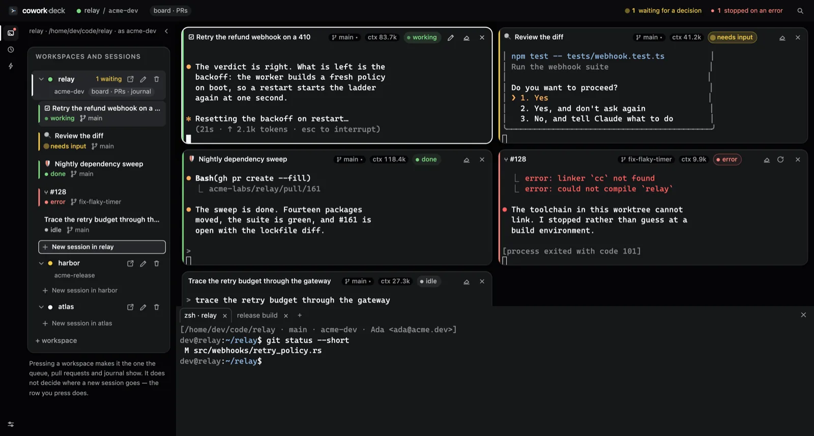 Five Claude Code sessions as tiles in one cowork-deck window — one working, one waiting for a decision, one finished, one stopped on an error, one idle — beside a panel holding workspaces and their sessions as one tree.