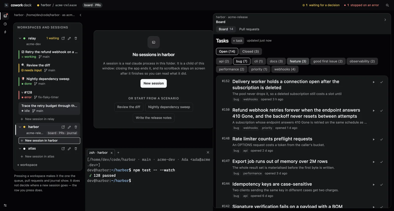 The board reading a repository’s GitHub issues, filtered by state and label, each row deep enough to show an excerpt of the body.