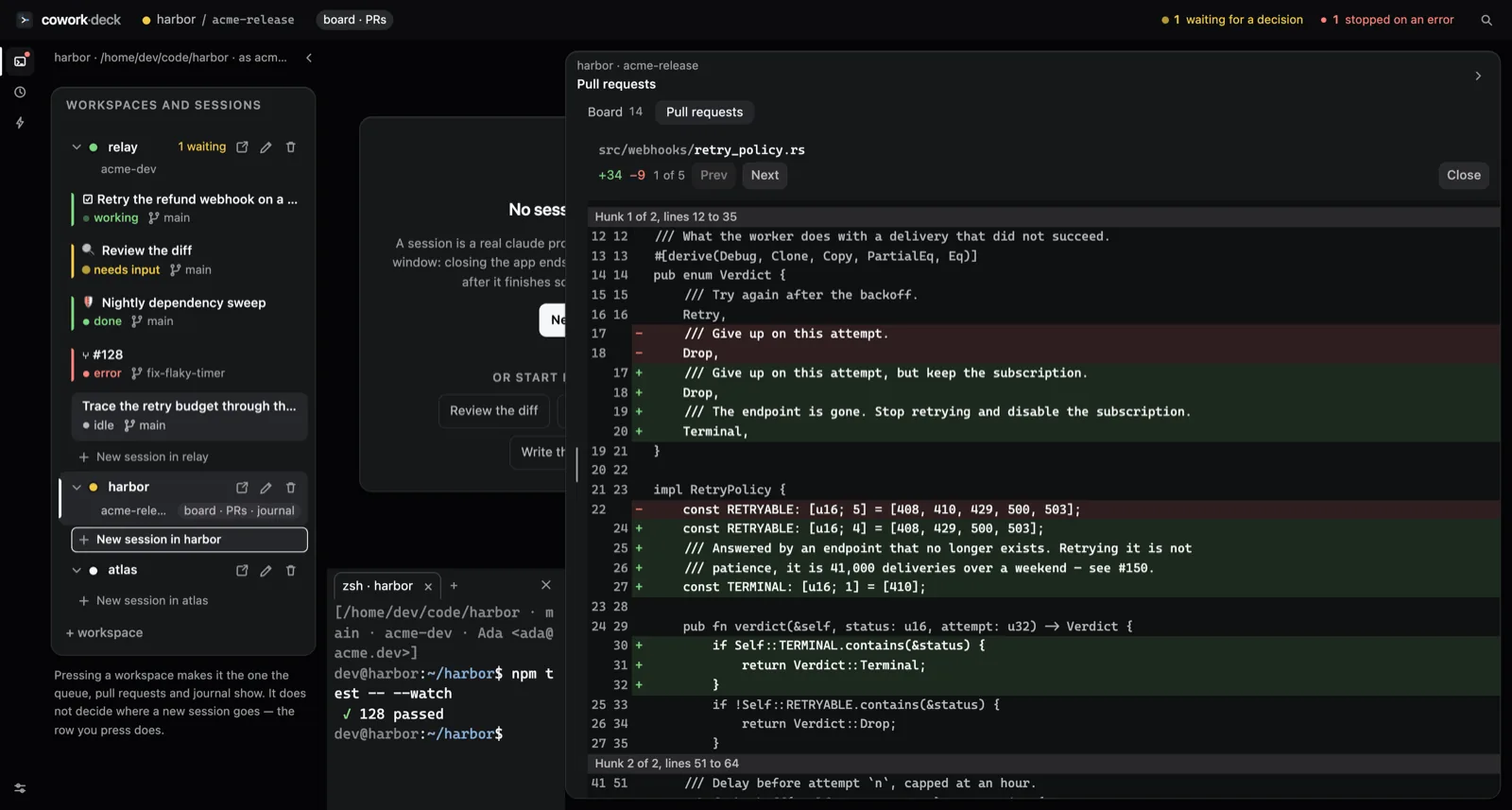 A pull request’s diff open in the workspace panel: two sticky line-number columns, plus and minus markers, added and removed bands.