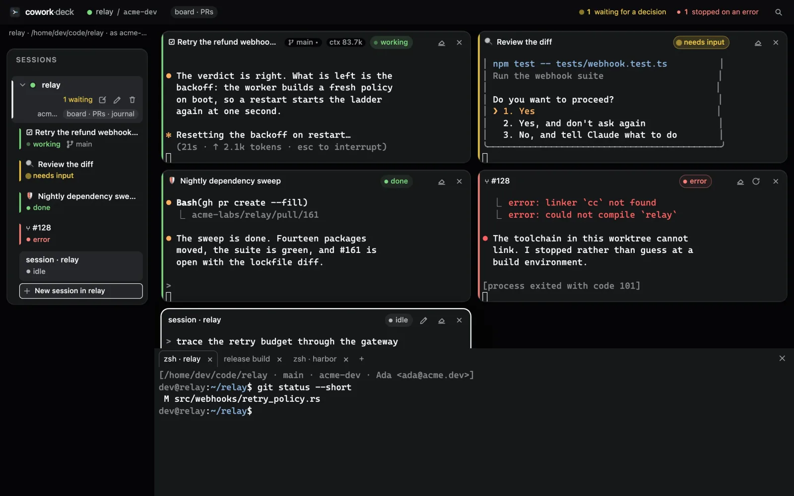 A workspace pulled out into a window of its own: one workspace, its sessions, its board and its pull requests, and no rail at all.