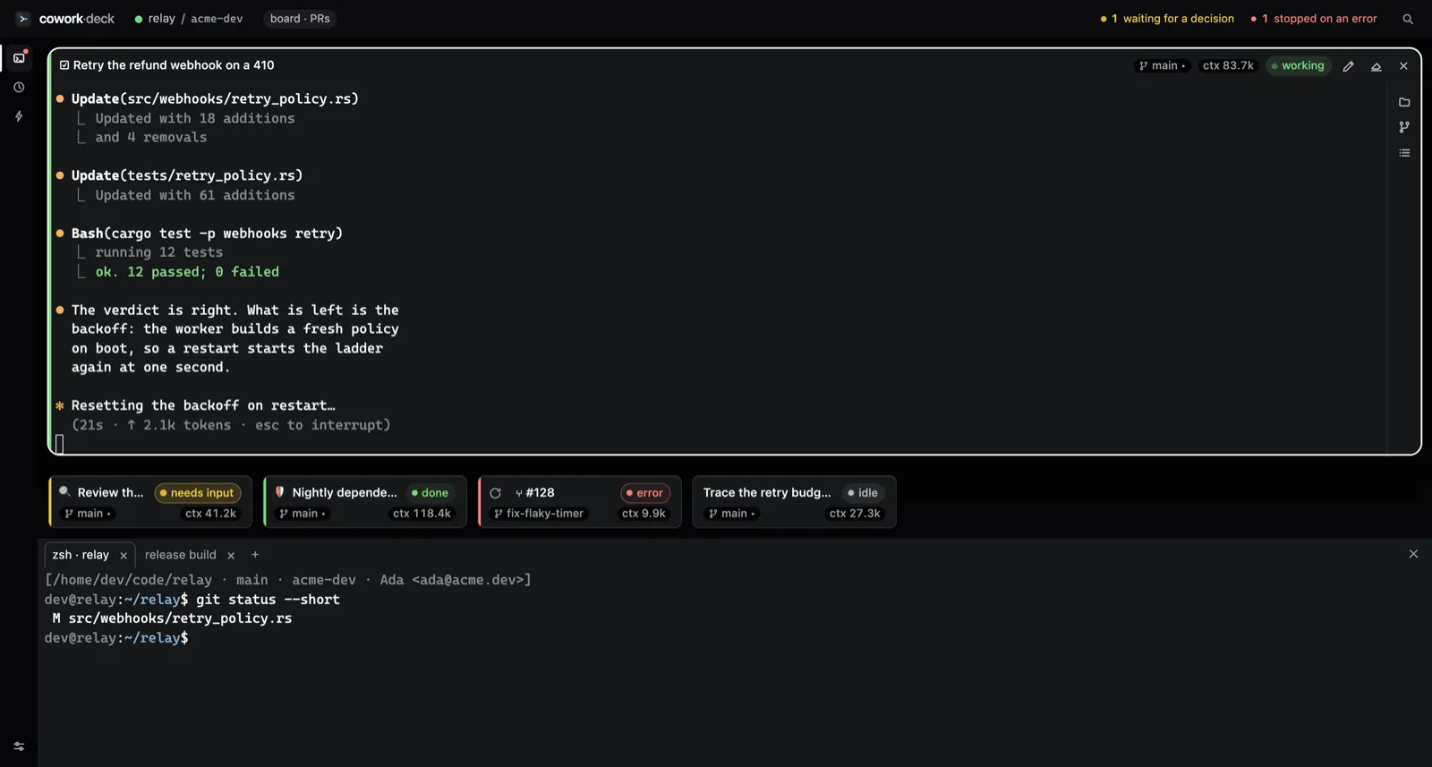 One terminal zoomed to fill the window, the other sessions reduced to a filmstrip of cards below it, each card carrying its name, state, branch and token count.